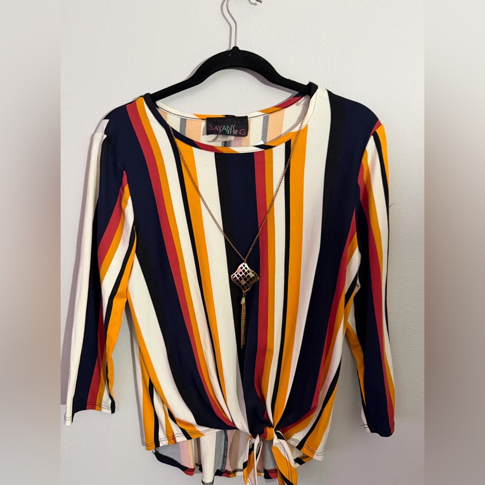 Striped Tie-Front Long Sleeve Top - Navy, Mustard, White, Rust